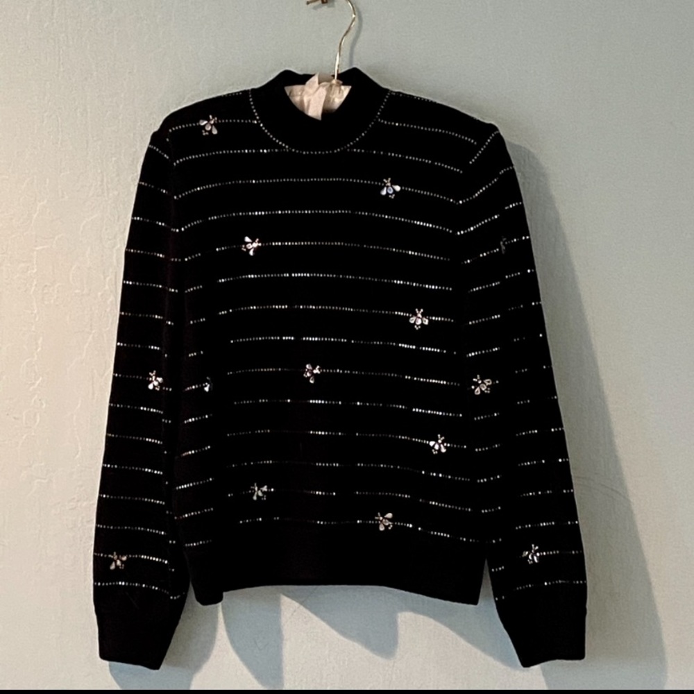 St. John Black Embellished Crewneck Sweater with Silver Accents